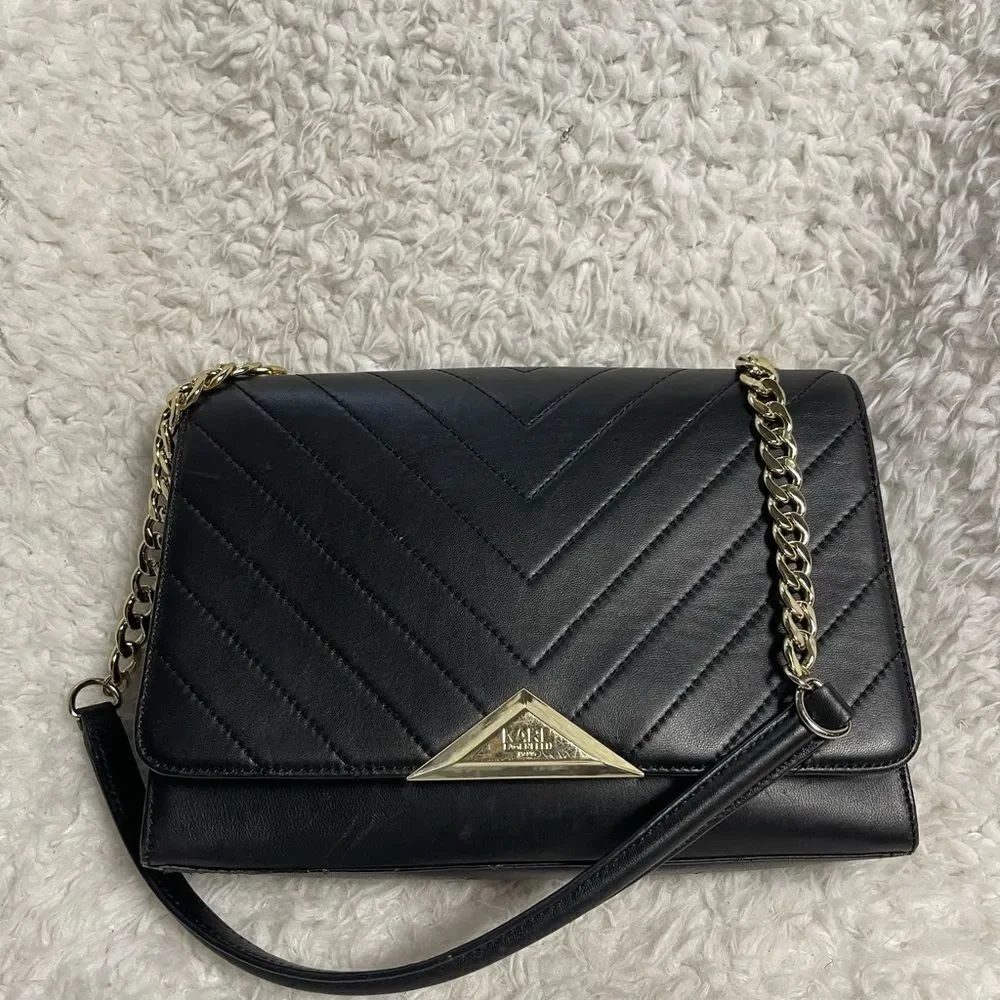 Karl Lagerfeld Purse Womens Black Quilted Shoulder Bag Gold tone Chain Strap